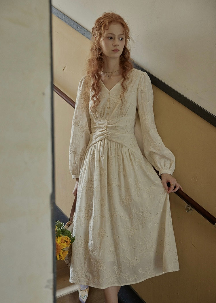 Cream Beige Vintage Ruched Waist Embroidered Dress