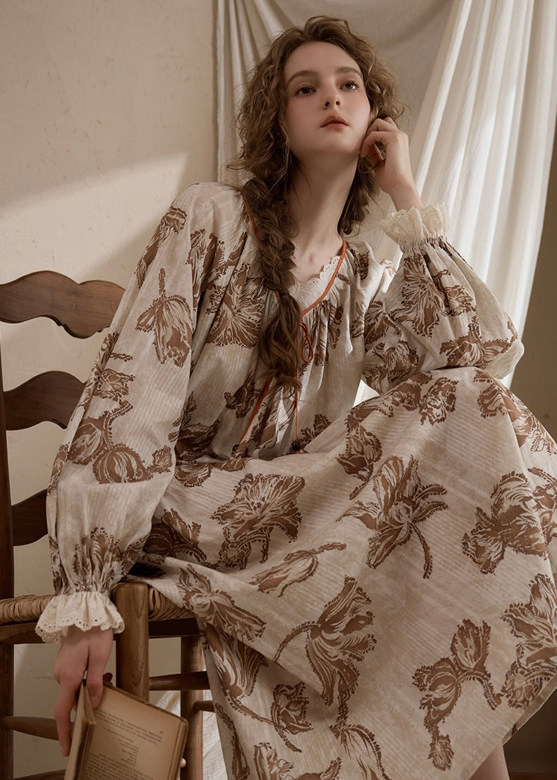 Vintage Floral & Toile Print Long Sleeve Nightgown(2COLOR)