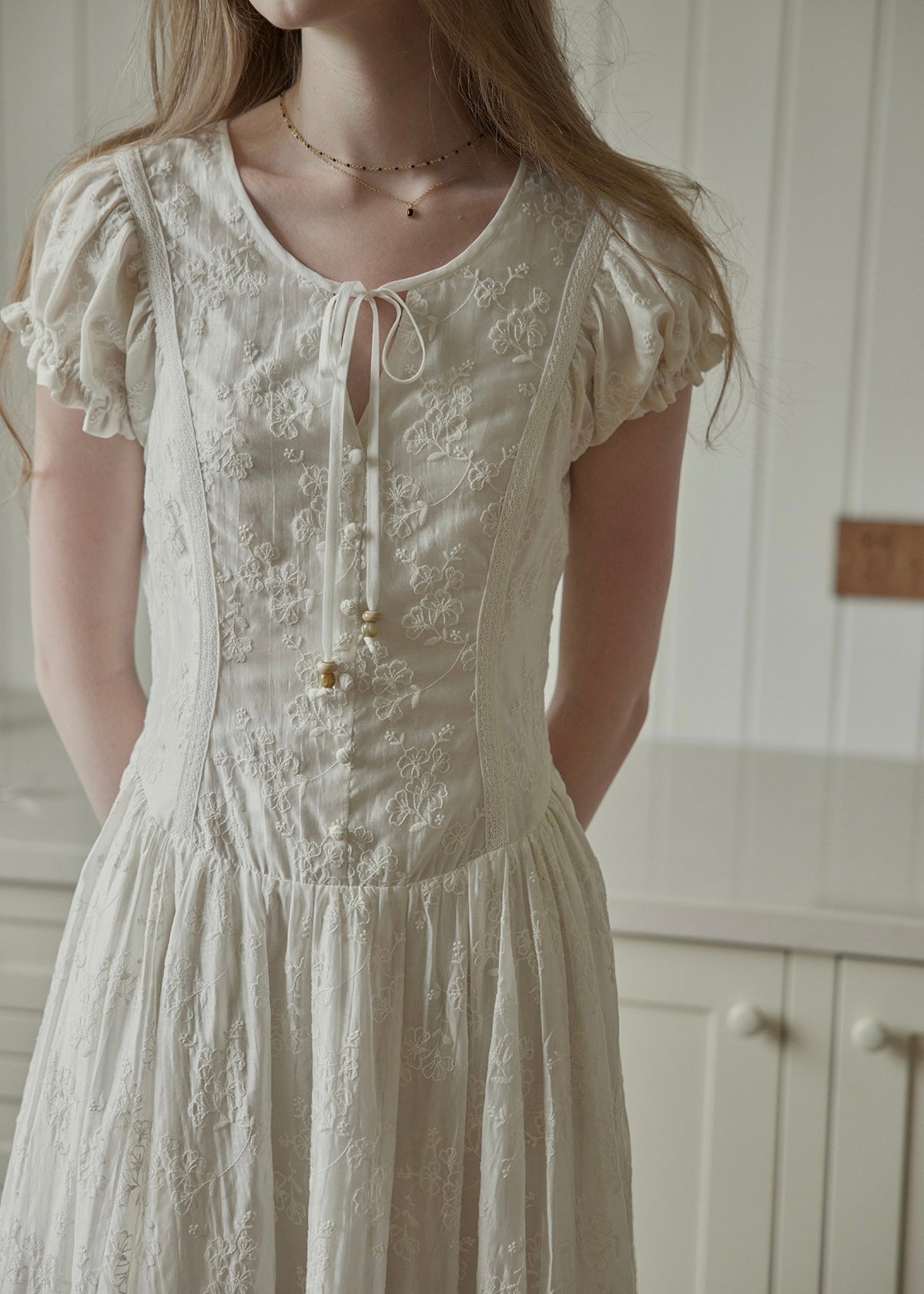Ethereal Linen Embroidered Waistline Dress