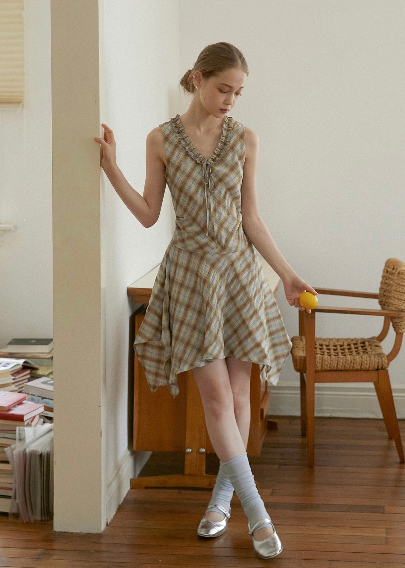 Lemon Past Days Check Ruffle Sleeveless Vintage Plaid Dress