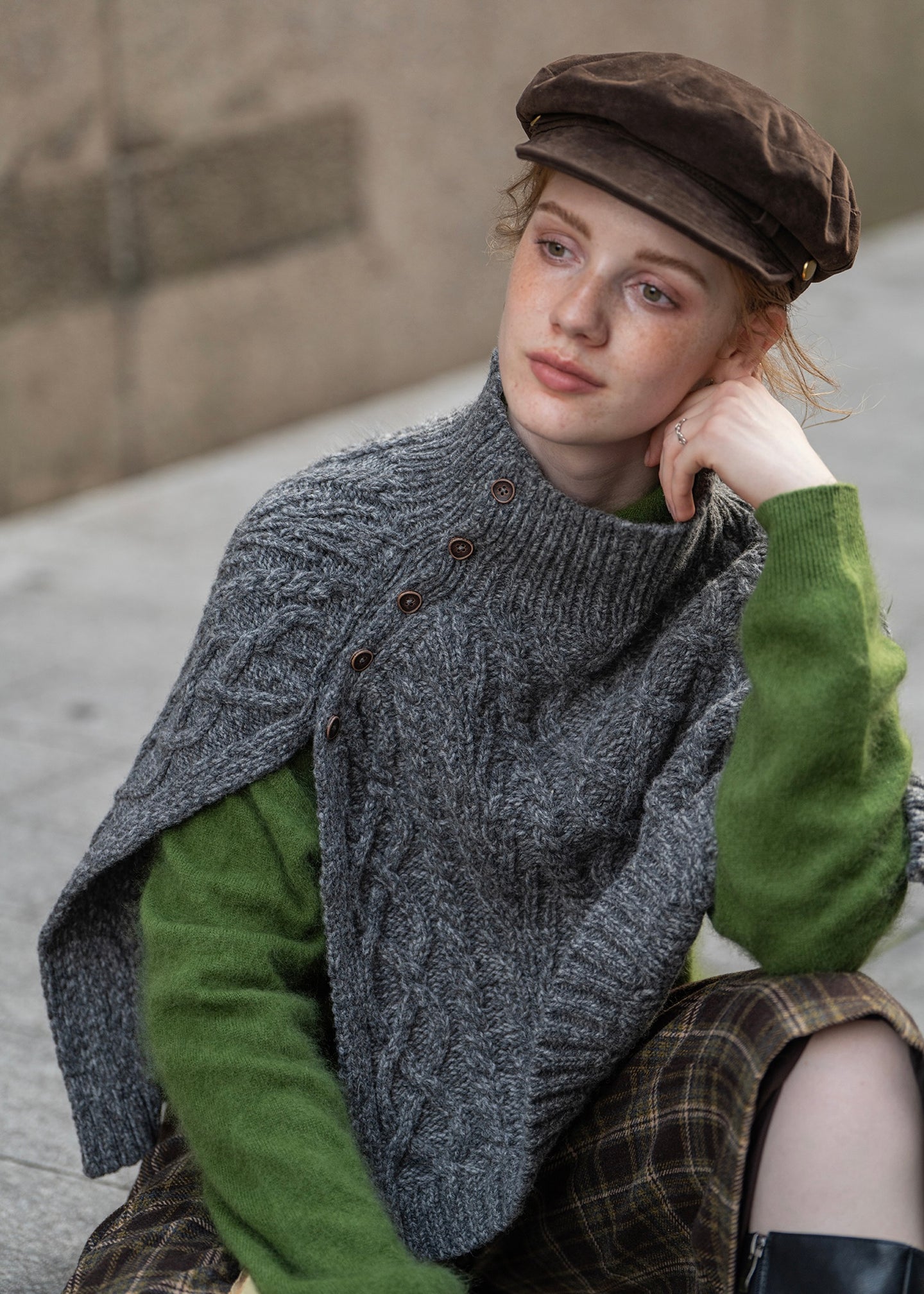 Heritage Cable Wool Cape Shawl(2COLOR)