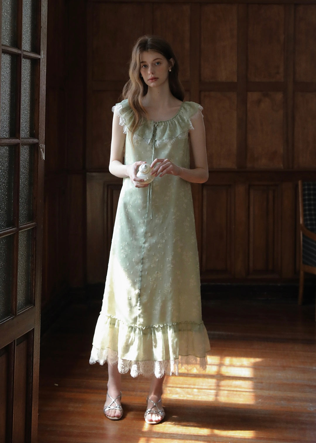 Sage Ruffle Lace Trim Sleeveless Long Dress