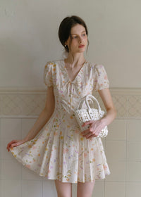 Blossom Ribbon Floral Puff Sleeve Mini Dress