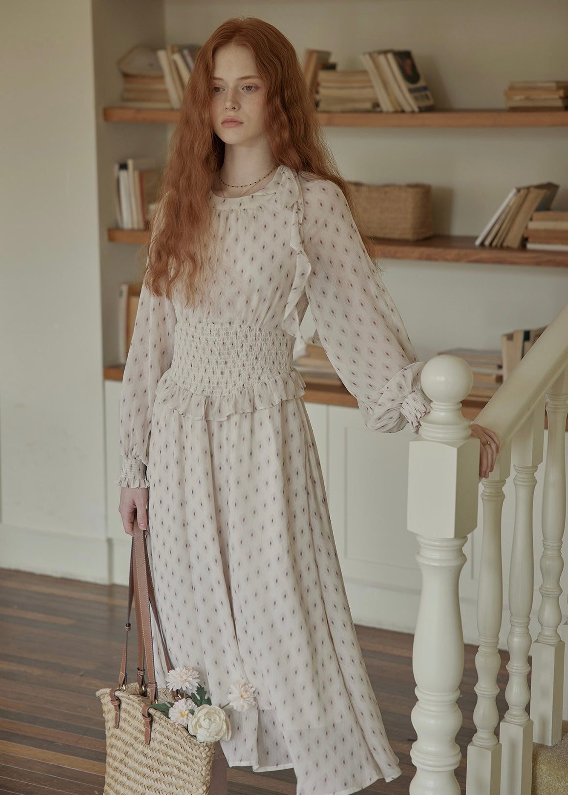 Vintage Floral Smocked Waist Ruffle Neck Long Dress
