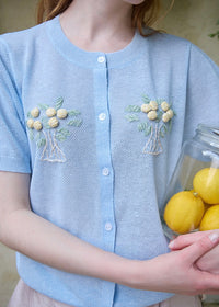 Lemon Letter Sky Knit Cardigan Blue Short Sleeve Knit Top