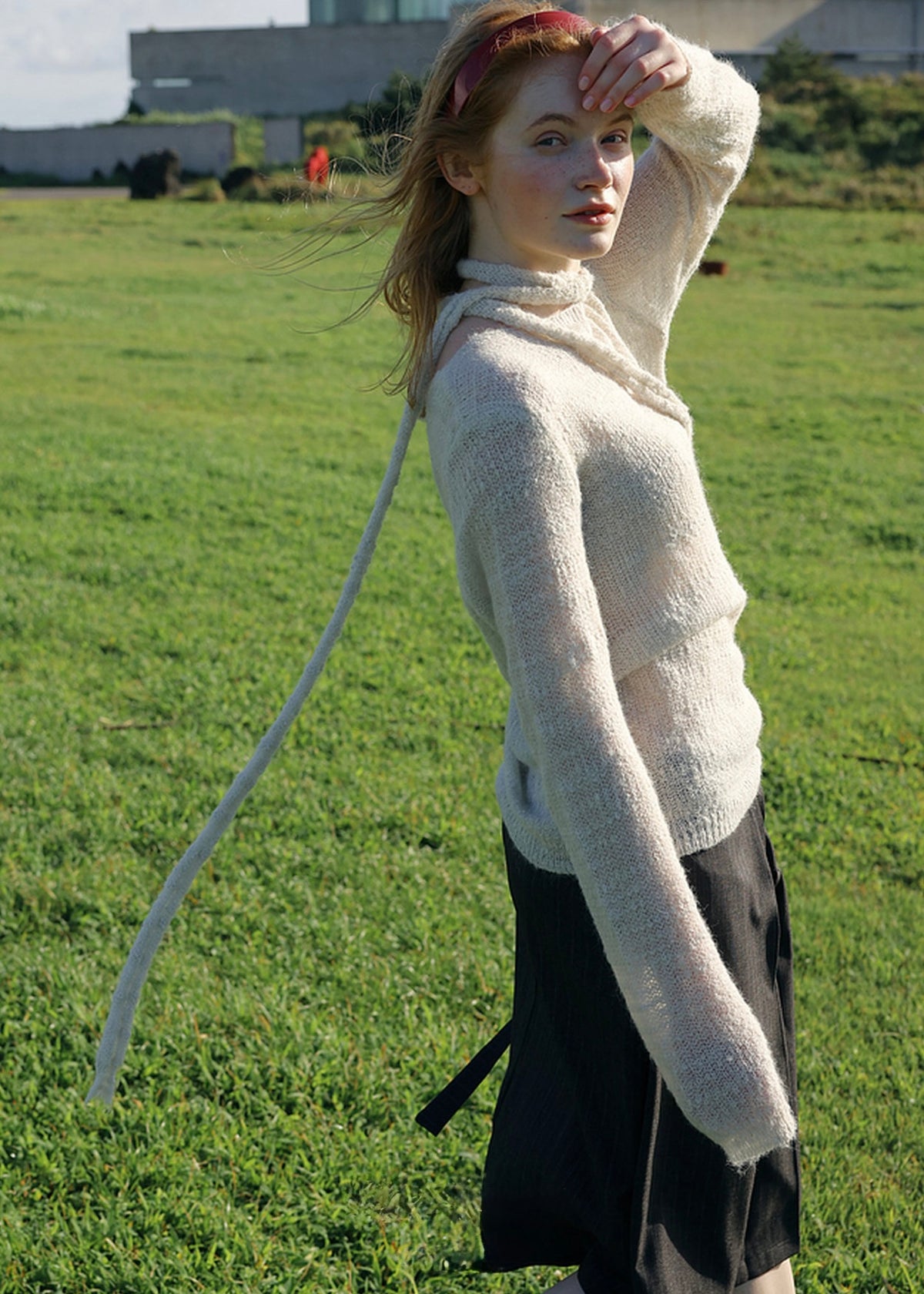 Vintage Tie Neck Open Knit Long Sleeve Sweater