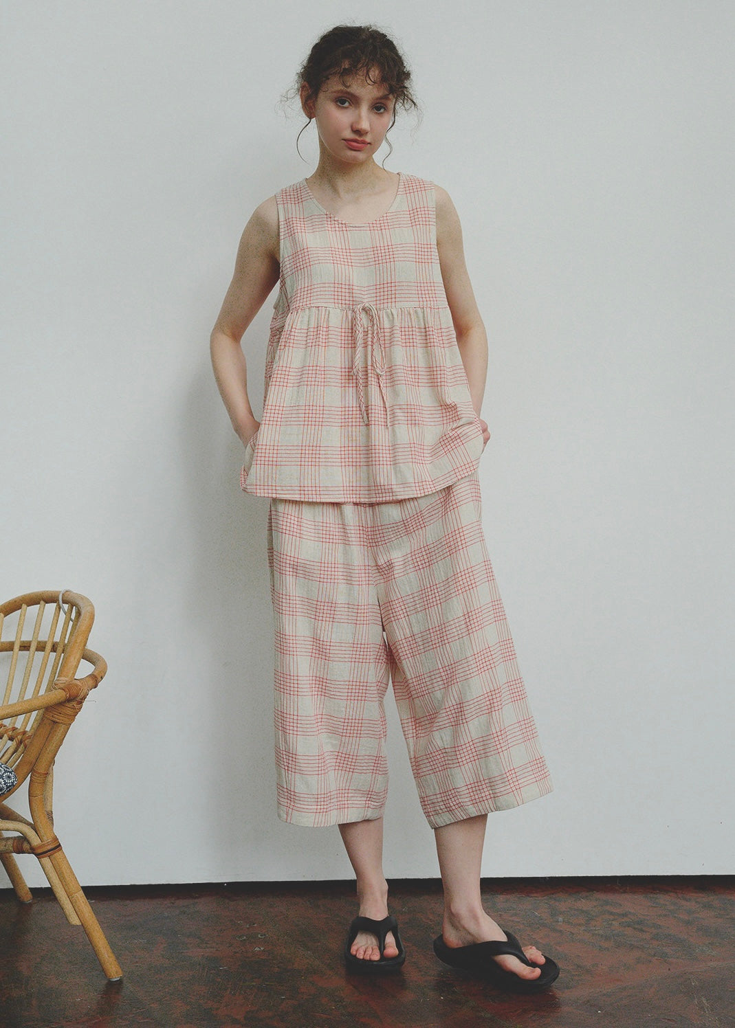 Soft Air Check Loungewear Sleeveless Tie Top Capri Pajama Set
