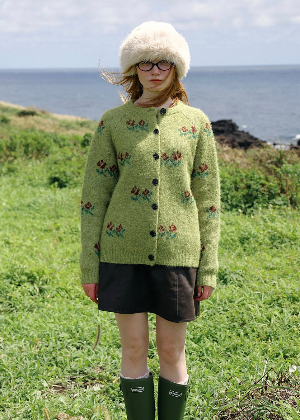 Mossy Rose Wool Floral Jacquard Cardigan
