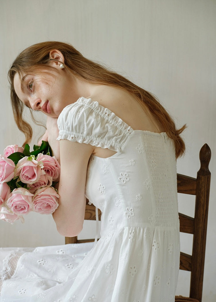Élise Broderie White Dress | Romantic Lace Cotton Maxi Dress