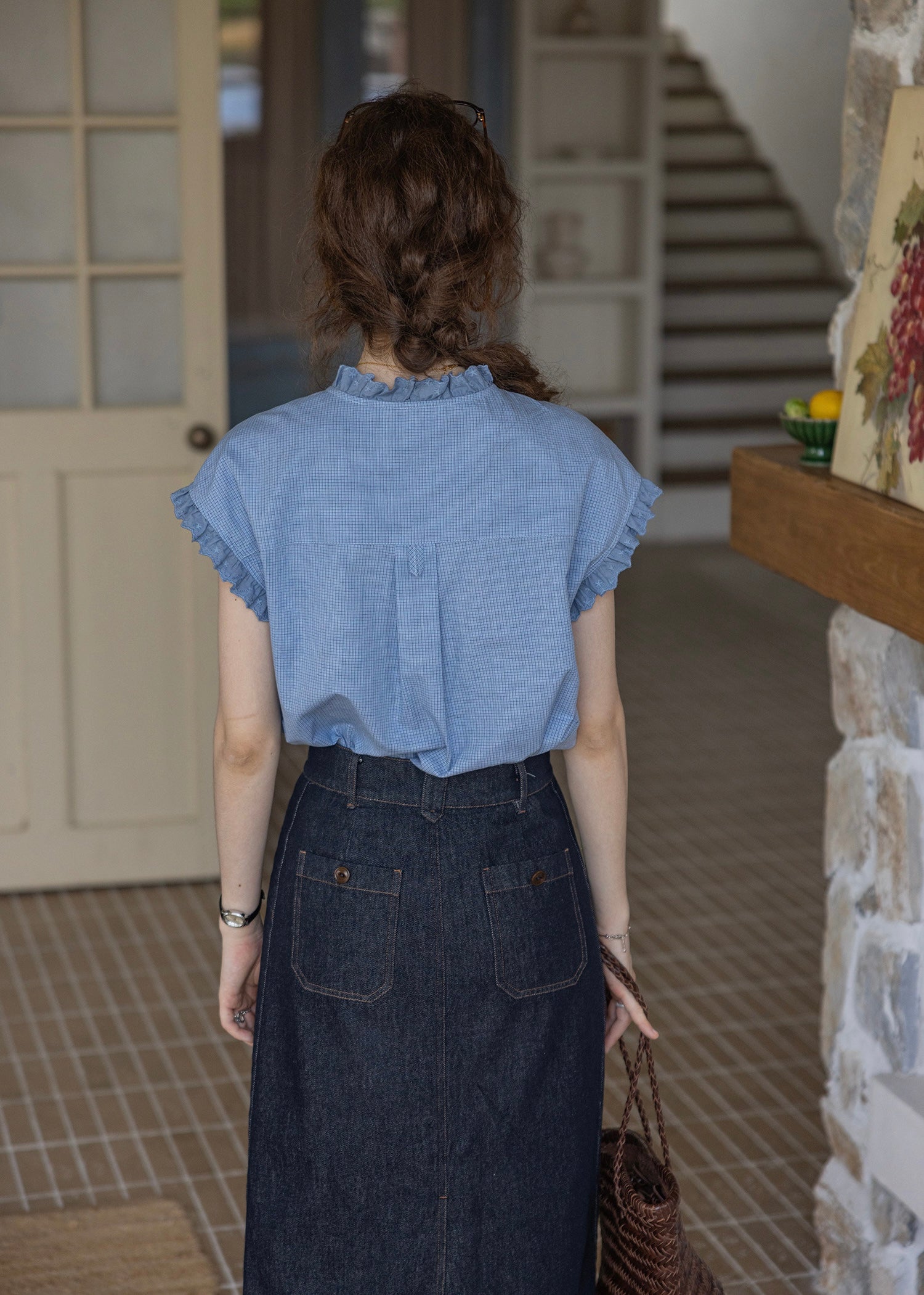 Embroidered Frill Sleeve Linen Blend Blouse(2COLOR)