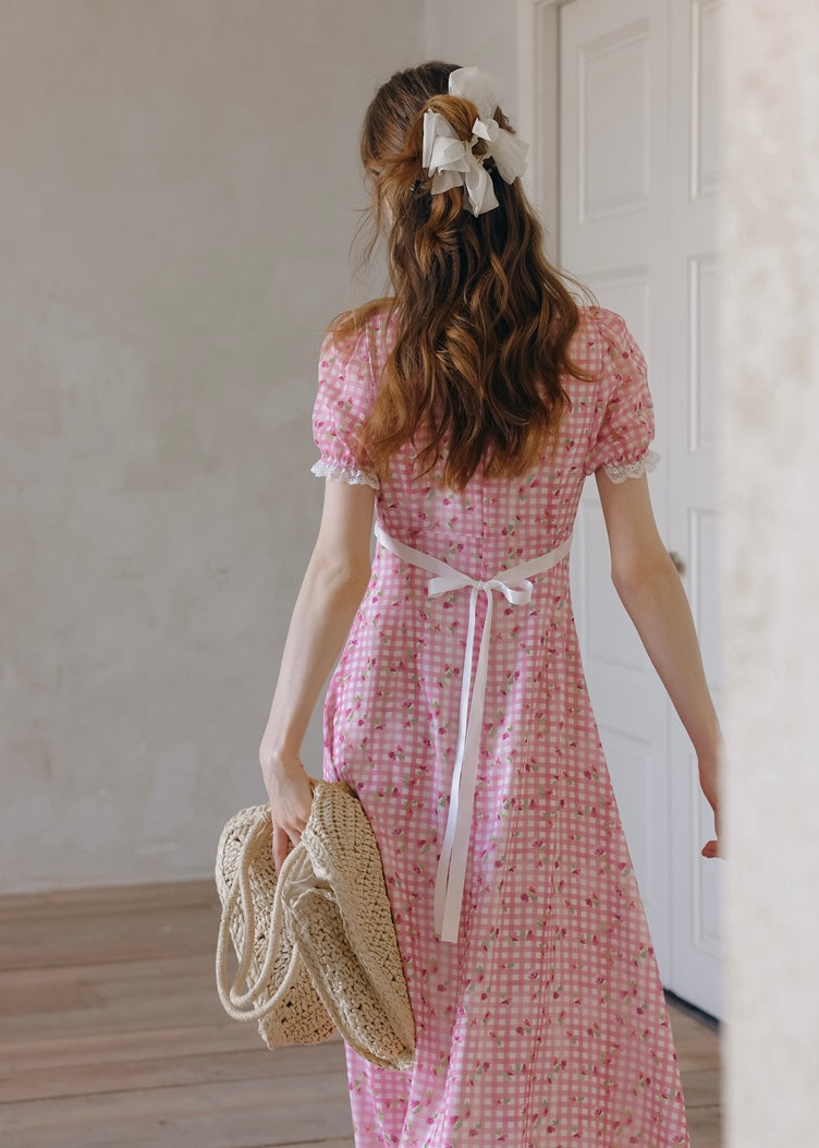 Strawberry Picnic Pink Gingham Floral Lace Dress