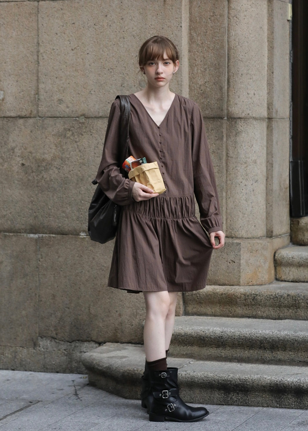 Shirred Waist Vintage Button V-Neck Dress(2COLOR)