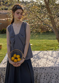 Lemon Noon Check Vest Top | Linen Cotton Sleeveless V-Neck Shirt(2COLOR)