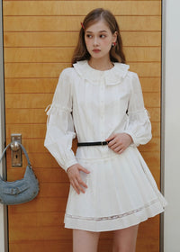 White Vintage Doll Collar Ruffle Pintuck Mini Dress