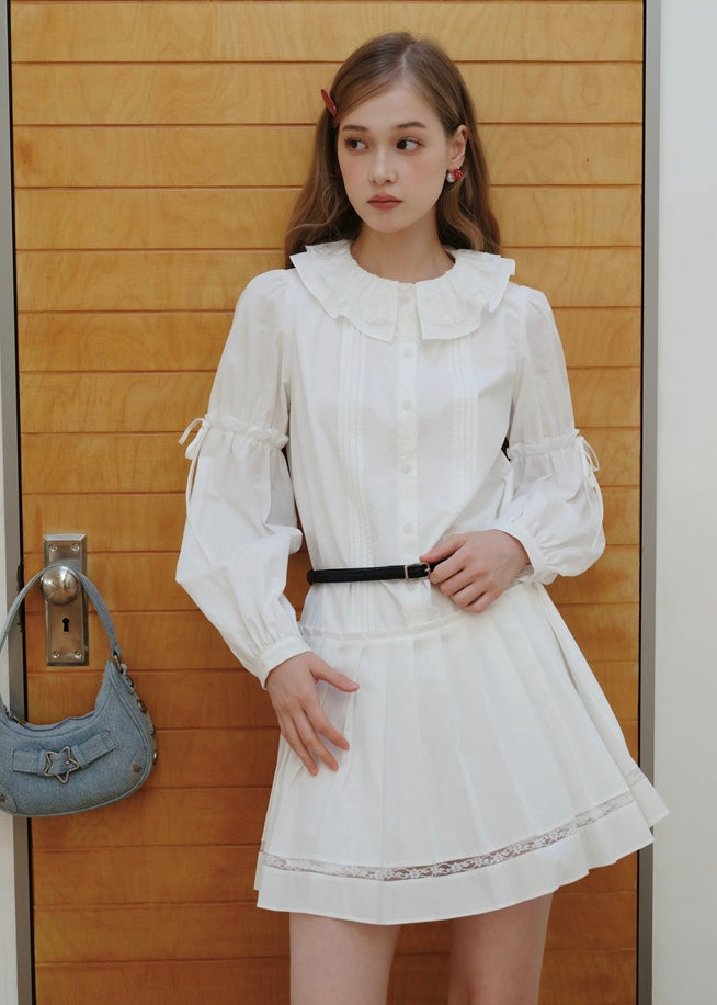 White Vintage Doll Collar Ruffle Pintuck Mini Dress