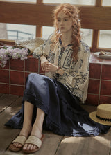 Meadow Folk Tie Blouse | Vintage Navy Print Peasant Top