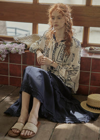 Meadow Folk Tie Blouse | Vintage Navy Print Peasant Top