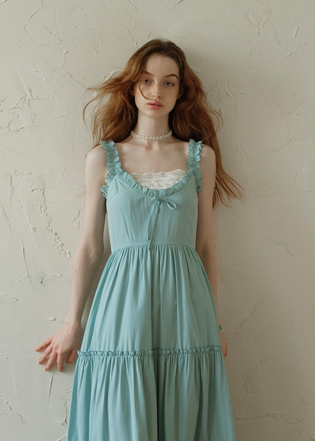 Mint Ruffle Melody Tiered Sleeveless Long Vintage Long Dress