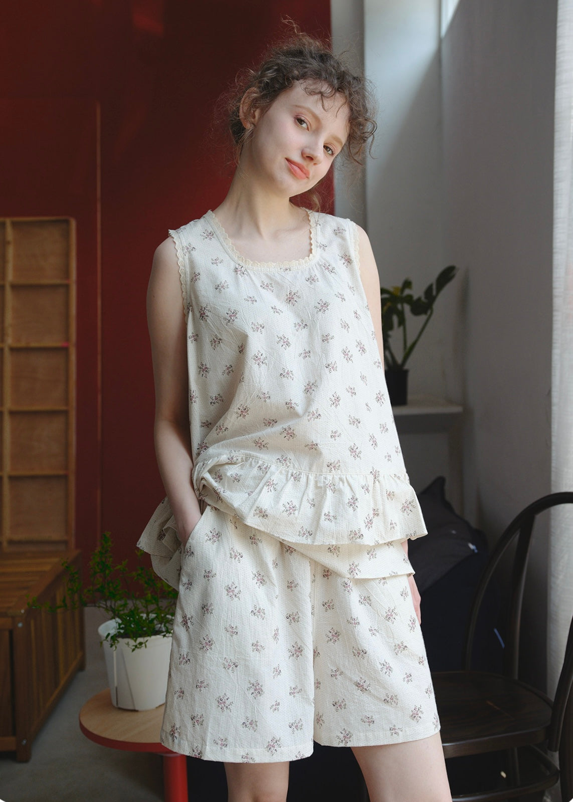 Cream Petaline Cotton Pajama Set Floral Lace Trim Layered Lounge Set