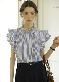 Celeste Stripe Frill Blouse | Blue Ruffle Neck Sleeveless Summer Top