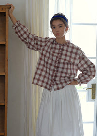 Vintage Plaid Ruffle Collar Lantern Sleeve Blouse