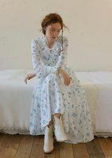 Blue Garden Vintage Floral Long Sleeve Dress