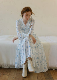 Blue Garden Vintage Floral Long Sleeve Dress