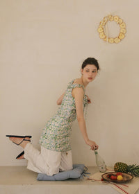 Green Petal Sheer Floral Ribbon Sleeveless Top