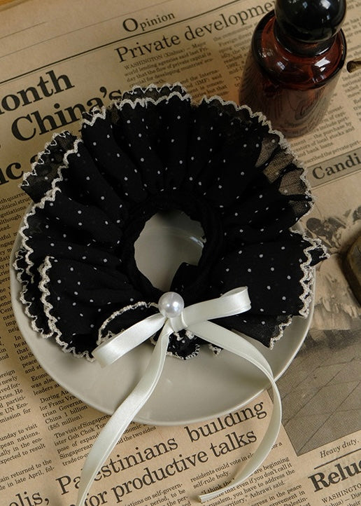 Polka Dot Lace Ruffle Bow Scrunchie Pearl Hair Tie