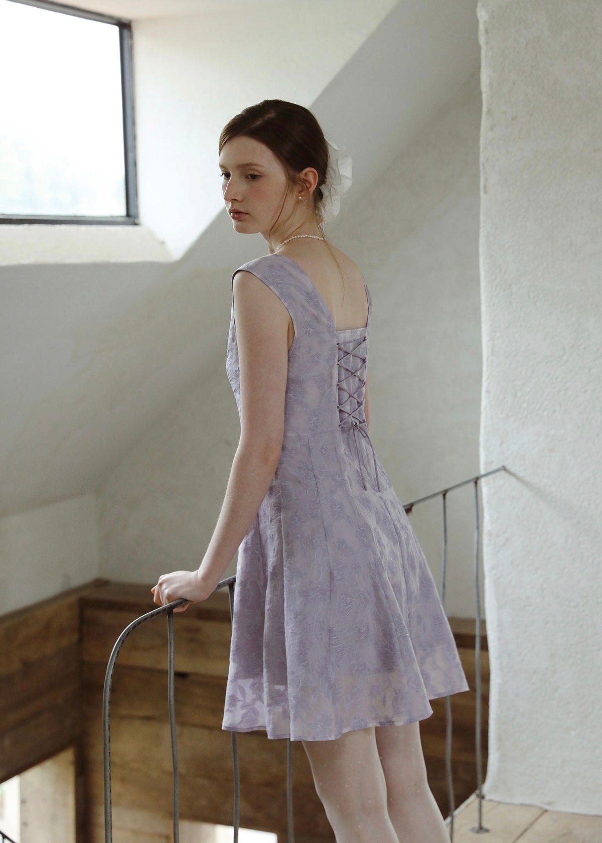 Lilas Reverie Lavender Jacquard Lace-Up Dress