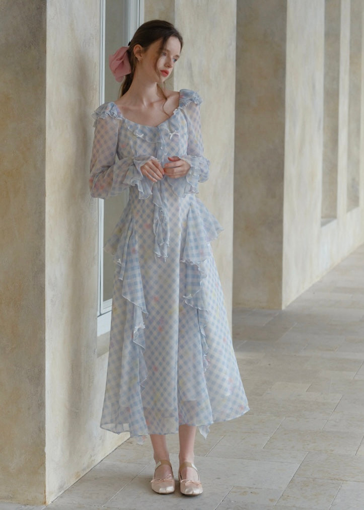 Pastel Ribbon Days Dress | Vintage Gingham Ruffle Long Dress