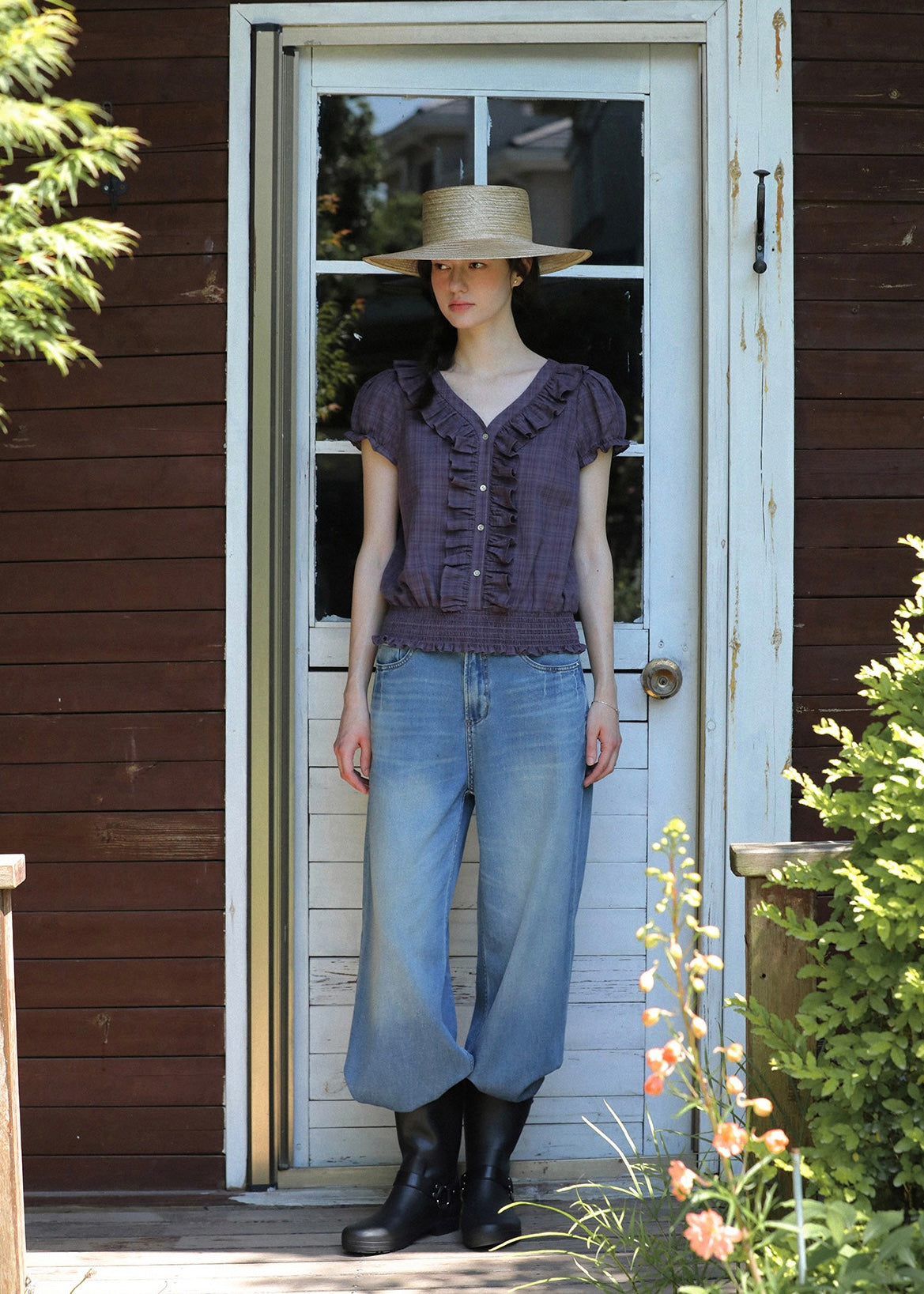 Plum Check Short Sleeve Ruffle Shirring Blouse