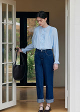 Cloudlight Pin Tuck Blouse | Vintage Blue Long Sleeve Ruffle Shirt