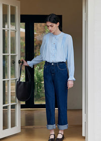 Cloudlight Pin Tuck Blouse | Vintage Blue Long Sleeve Ruffle Shirt