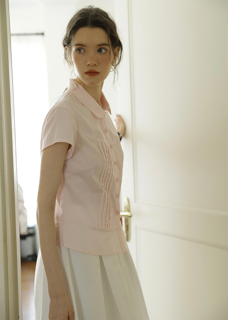 April Tuck Blouse | Vintage Pink Short Sleeve Shirt with Pintuck Detail