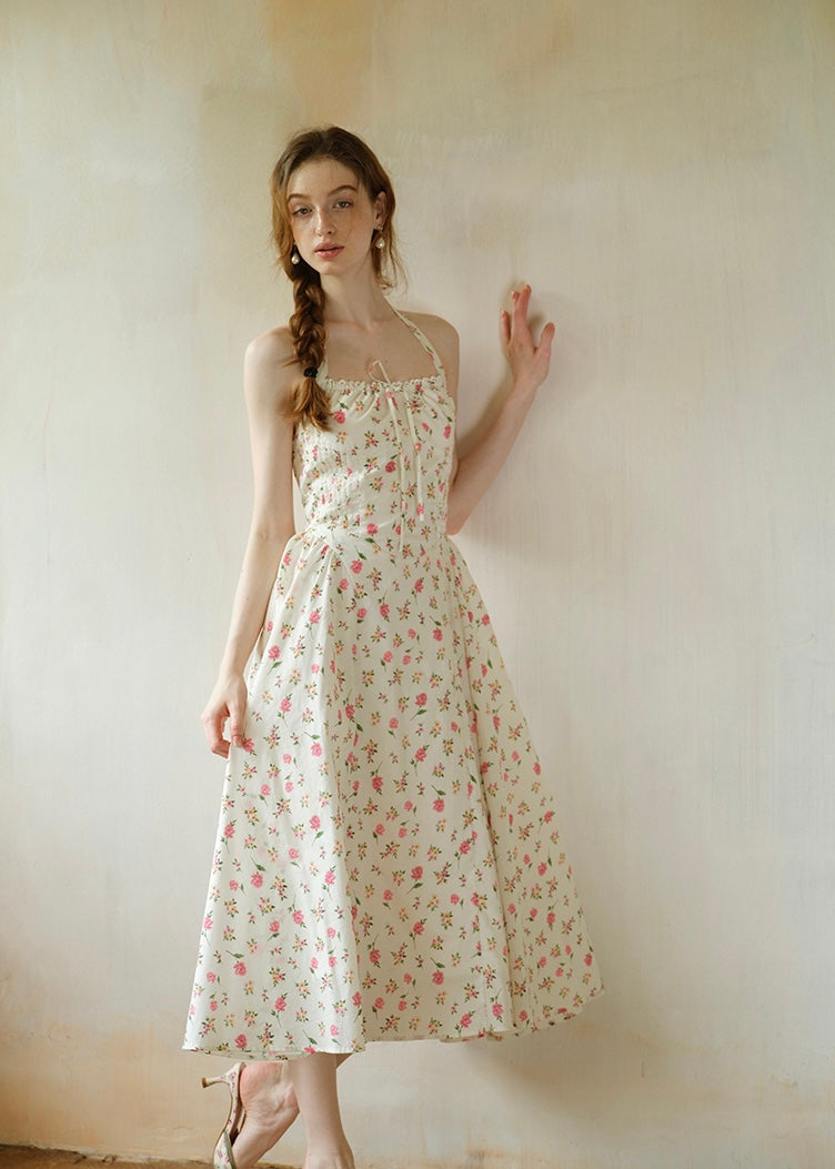 Summer Poem Rose Print Halter Backless Dress