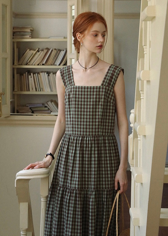 Mellow Check Tiered Dress | Vintage Green Gingham Sleeveless Long Dress