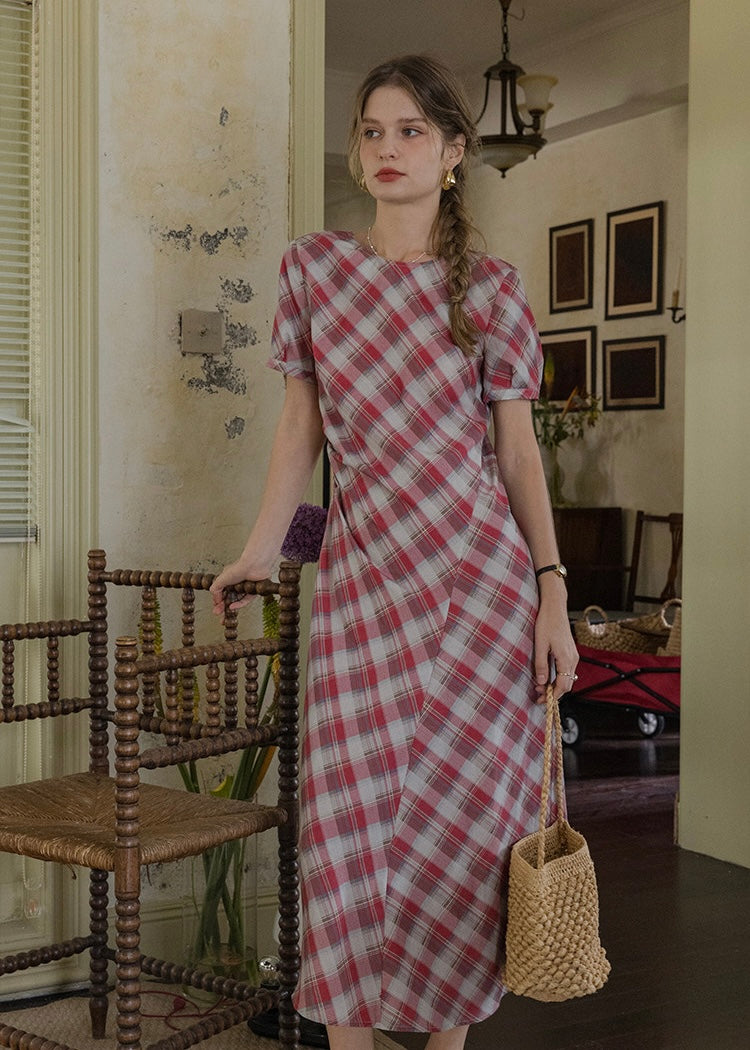 Pink Plaid Ruched Summer Dress