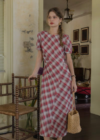 Pink Plaid Ruched Summer Dress