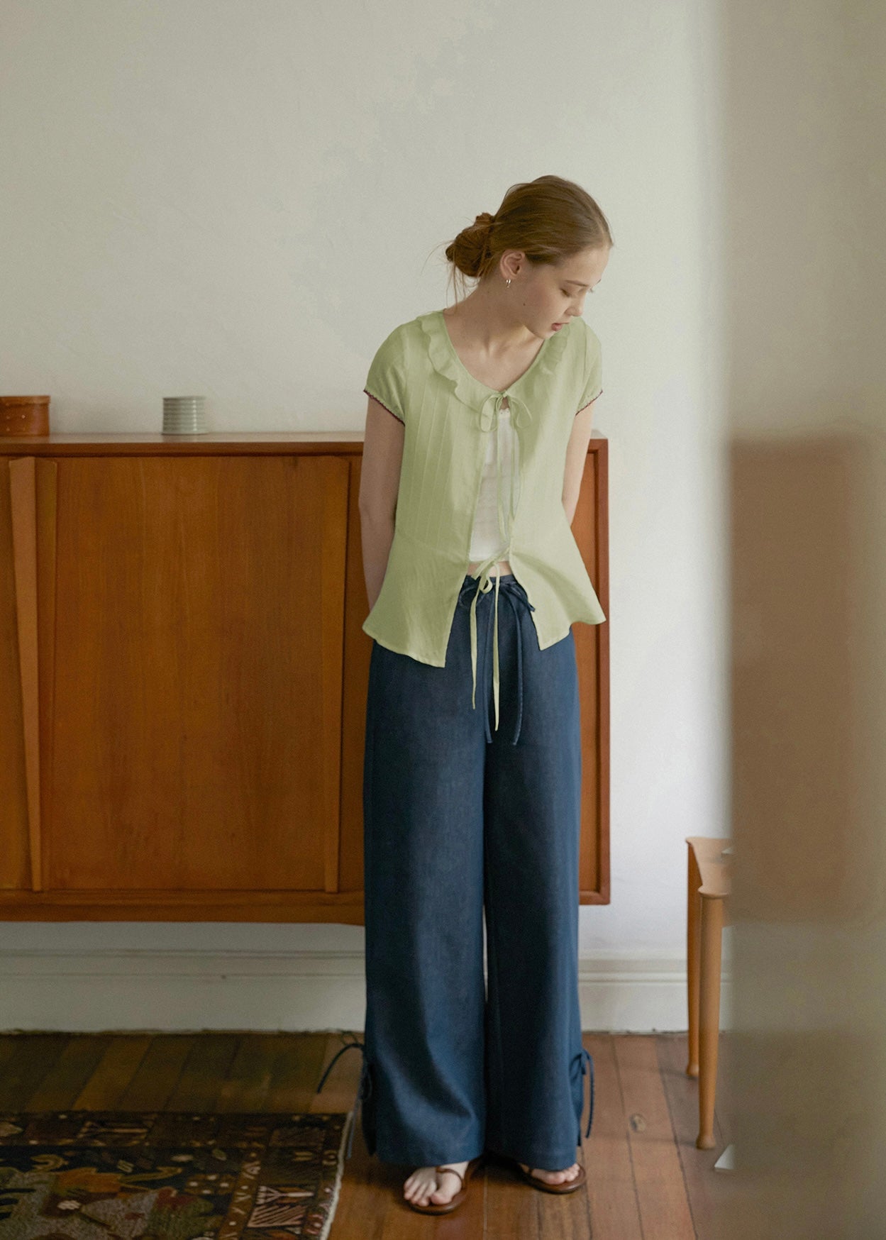 Celery Whisper Blouse | Soft Green Romantic Tie Blouse
