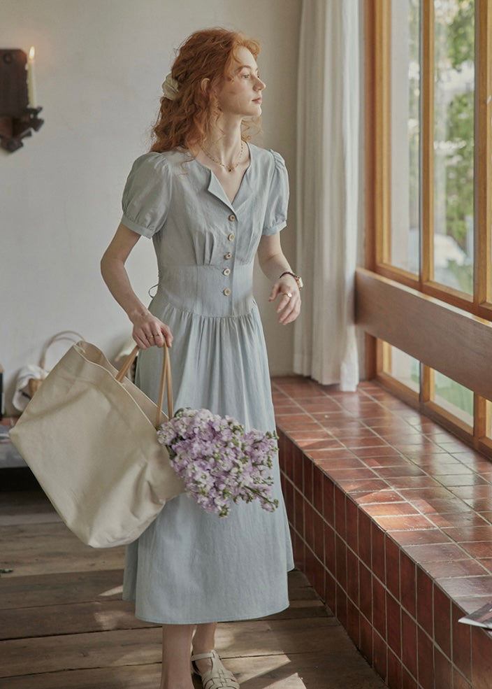 Morning Poem Light Blue Romantic Button Dress