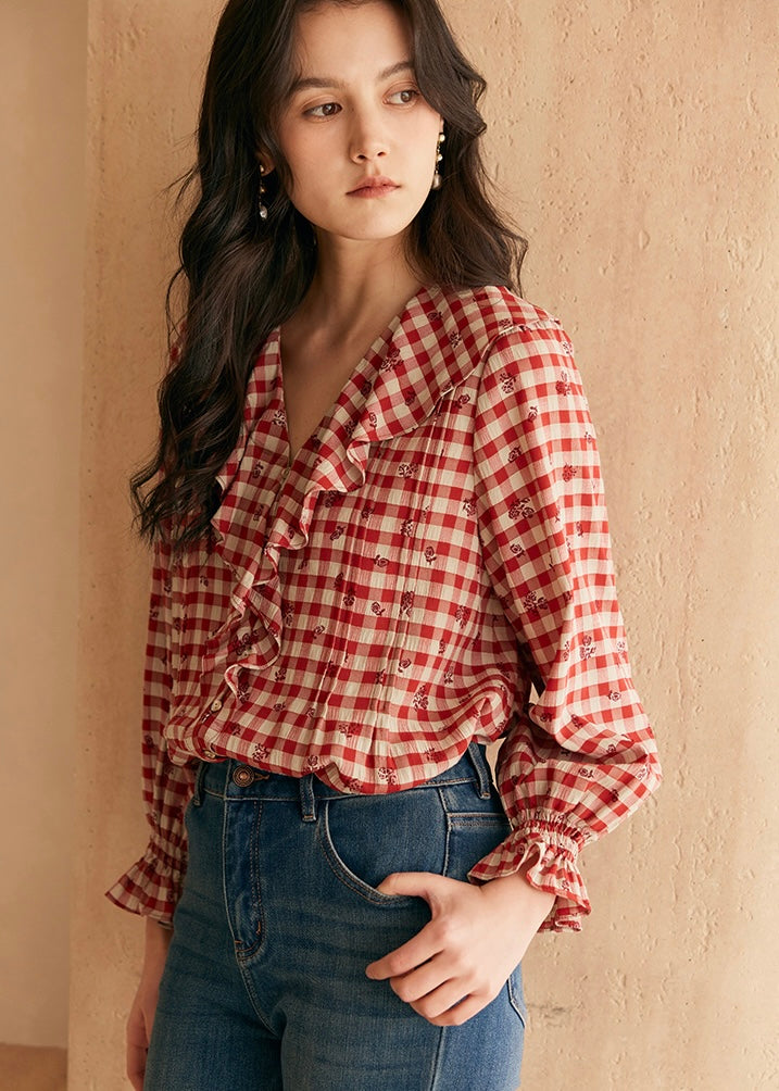 Rosie Ruffle Blouse | Vintage Red Gingham Floral Embroidered Top