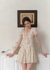Blossom Ribbon Floral Puff Sleeve Mini Dress