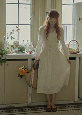 Cream Beige Vintage Ruched Waist Embroidered Dress