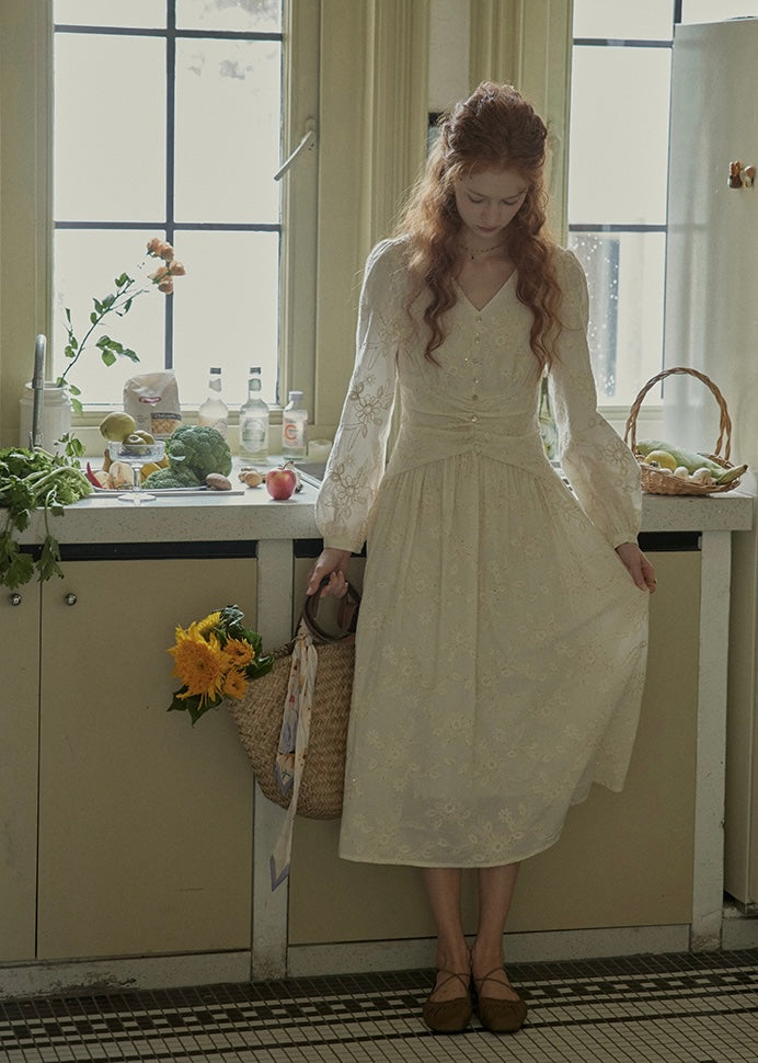 Cream Beige Vintage Ruched Waist Embroidered Dress