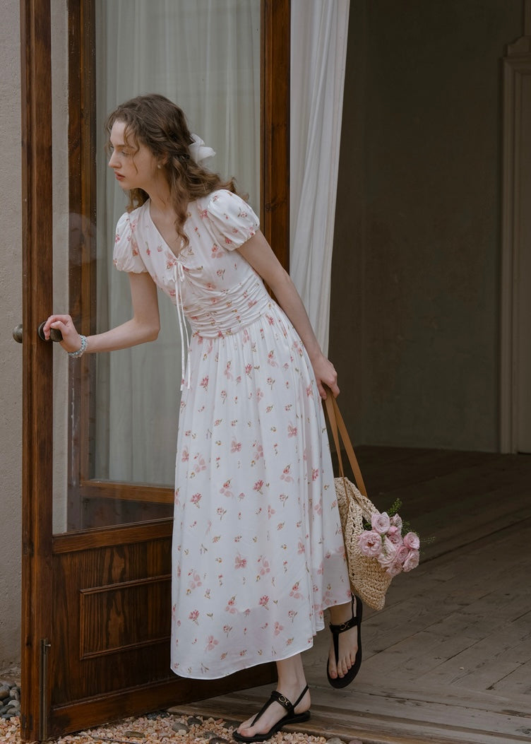 Clair de Soft White Floral Shirred Dress