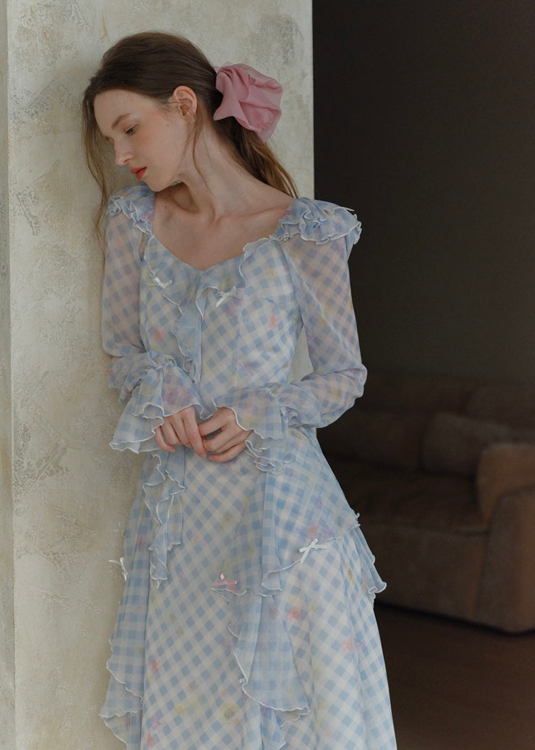 Pastel Ribbon Days Dress | Vintage Gingham Ruffle Long Dress