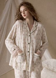 Rose Lace Trim Cream Beige Vintage Pajama Set Nightwear