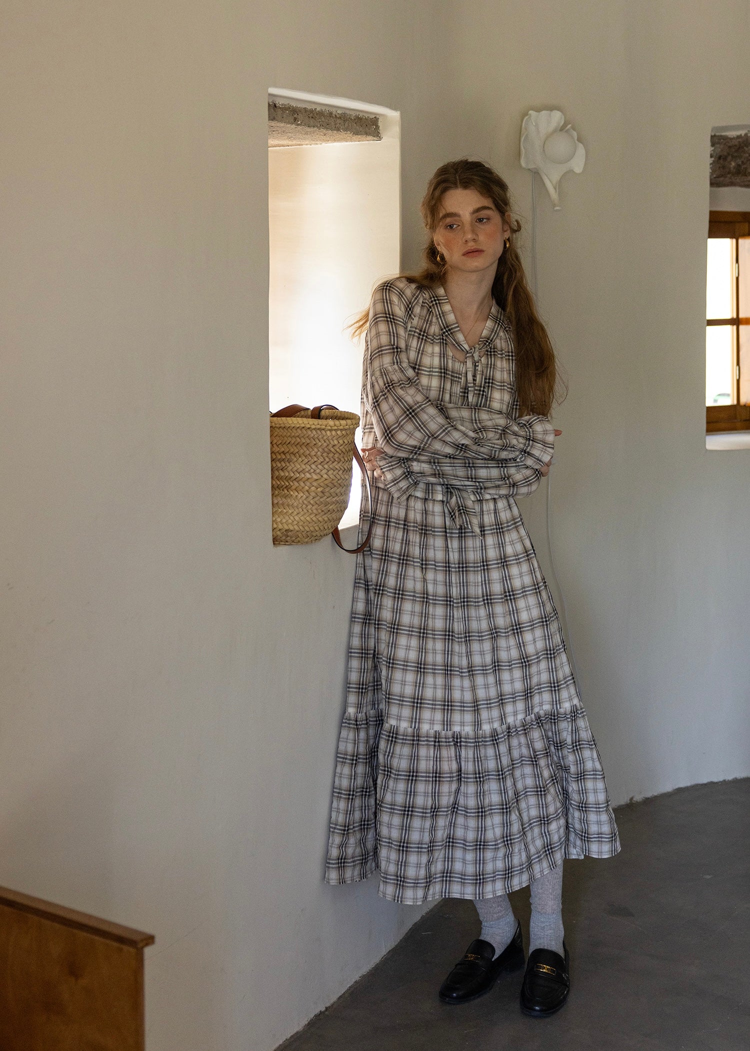 Vintage Check Long Sleeve Tiered Dress