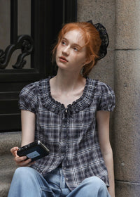 Vienna Plaid Ruffle Blouse | Vintage Puff Sleeve Check Top